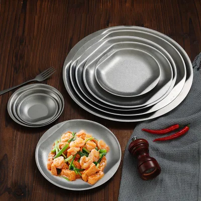 Wholesale Round Retro Style Stainless Steel Restaurant Dinner Plates Korean Vintage Cake Dessert Fruit Plate