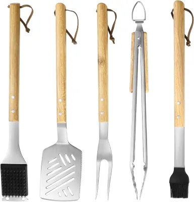 Wholesale Outdoor Camping 5-Piece Customized Stainless Steel BBQ Grill Tools Set Bamboo Handle Wooden Cutter Board Carry Bag