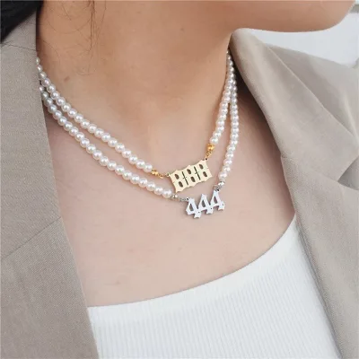 Stylish Gold Plated 111 to 999 Angel Number Pendant Stainless Steel Imitation Pearl Beaded Choker Necklace for Women