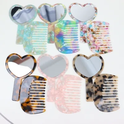 Custom Logo Heart Shaped Compact Mirror Handheld Wholesale Cellulose Acetate Fashion Small Make up Mirror Comb Set