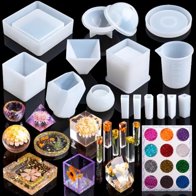 14 Epoxy Mold Set Includes Ball Cube Pyramid Ashtray coaster Crystal Stone Pendant Silicone Mold DIY Starter Kit