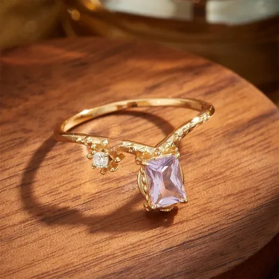 925 Sterling Silver 14K Gold Plated Gemstone Rectangle Purple Asymmetric Finger Vintage Textured Band Color Stone Amethyst Ring