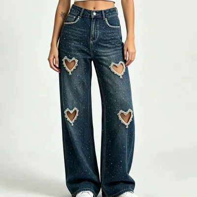 Korean Heavy Industry diamond Stud Beads Hollow love Hole Jeans Women's 2026 Summer Straight Wide-leg Trousers Trousers