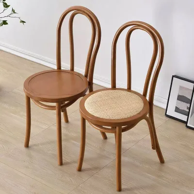 Thonet American French Retro Antique Artistic Dining Chair with Rattan Woven Solid Wood Backrest-Movable for Home Restaurant Use