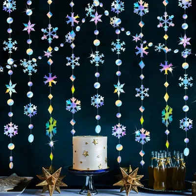 Iridescent Paper Snowflake Streamer Christmas Garland Banner for Birthday Baby Shower Wedding Winter Decorations