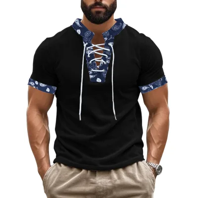 Men's Vintage Corduroy Henley T Shirt Lace up V Neck Short Sleeve Casual Slim Fit Shirt Wholesale