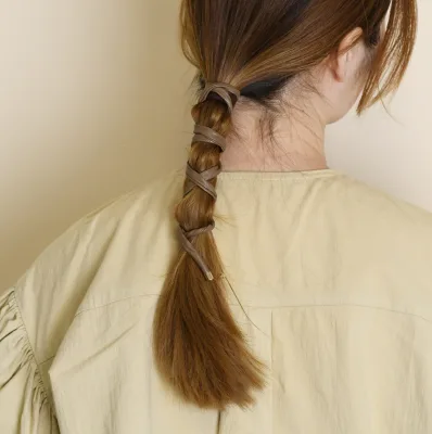 HZM-60529 Latest Leather Hair Ties Hair Bands Wraps Ponytail Braid Holders French Hairstyle Tie, Red Brown Grey
