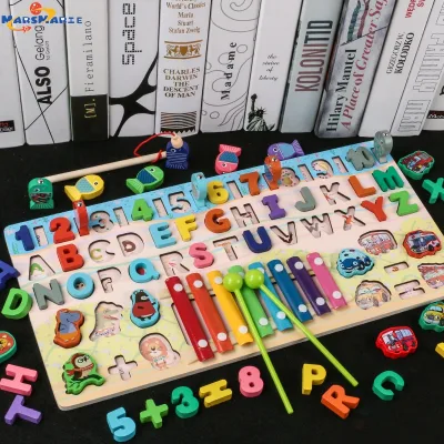 Montessori Educational Geometric Cognition Fishing 6-in-1 Multifunctional Xylophone Counting Board Wooden Math Toys for Children