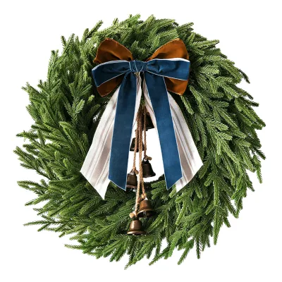 Artificial Plastic Wreath Christmas Norfolk Wreath Soft Garlands with Bell Bow Craft Ornament Front Door Hanging Winter Decor