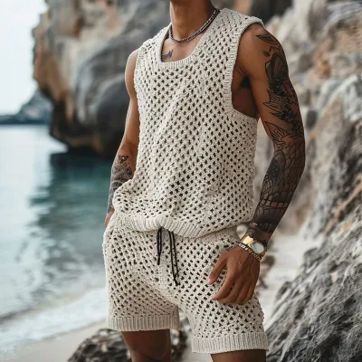 Summer Casual Men Clothing Knitted Two Piece Set Short Sleeve O Neck Shirt and Shorts Suit Male Hollow Out Beach Tracksuit