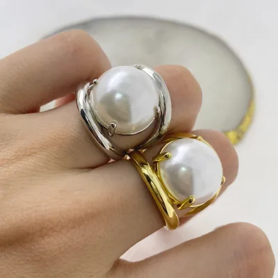 Delicate Gold Plated Brass Pearl Engagement Finger Ring Women