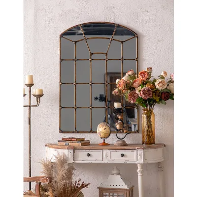 Home Decor Furniture Retro Style Metal Frame Vintage European Garden Arched Window Wall Mirror