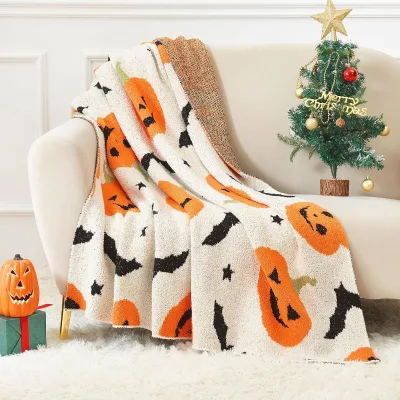 Ultra Soft Cozy Knit Throw Blanket for Halloween Pumpkin Bat Decor Lightweight Fluffy Microfiber Couch Throw Warm Pumpkin Bat