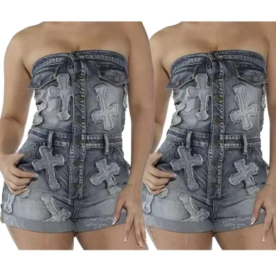 Women's Latest Design Fashion Sexy Hot Girl Stretch Denim Strapless Jumpsuit Women's Jumpsuits