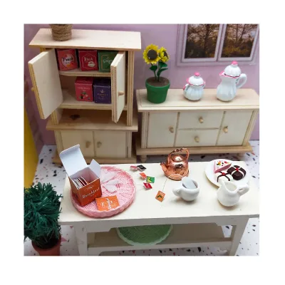 Miniature 1:12 Dollhouse Furniture Toys Set Tea Bag Pot & Cup Tray Plants Ceramic & Paper Materials Crafted for Play