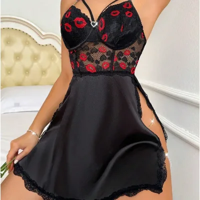 2026 Sexy Lace See-Through Lingerie Set with Red Lips Design Dobby Fabric Polyester Bodice & Suspender Nightgown-ODM Supply
