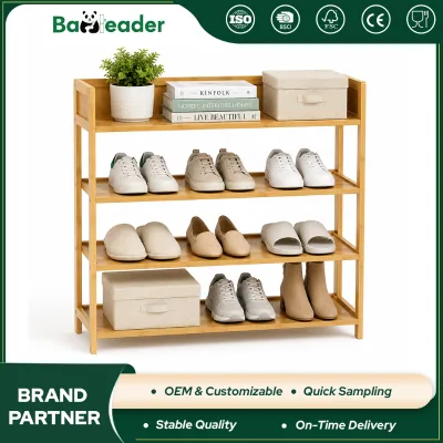 Simple Style 4 Tier Shoe Rack Eco-friendly Bamboo Shoe Racks Large Capacity Shoe Rack Organizer With Top Guard Rail for Entryway