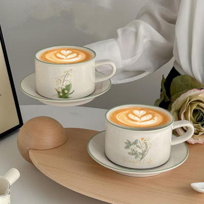 M European Style Retro Ceramic Mug Flower Pattern Coffee Cup and Saucer Afternoon Tea Cup Dessert Plate Juice Latte Cup Gift