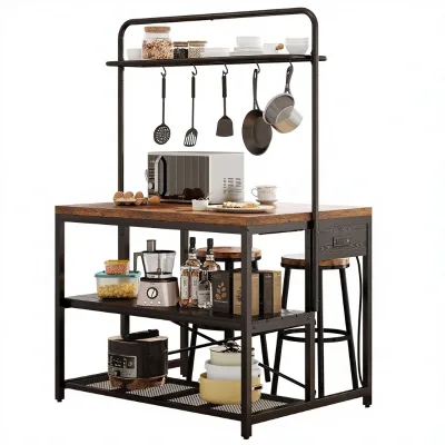 46" Large Kitchen Island Table Power Outlet 3-Tier Storage Microwave Stand Oven Shelf Metal Construction 5 Hooks Antique Finish