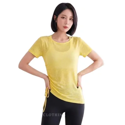 Women's Yarn Summer Yoga Cover-Up Breathable Hollow-Out Short Sleeve T-Shirt Round Neck Quick-Dry Fitness Workout Top