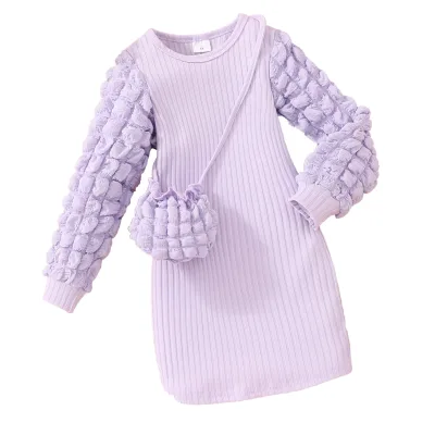 Autumn Fashion Girls Midi Party Wrap Dress Long Sleeve Casual Solid Pattern Clothing for Kids Printed Fabric for Age Group