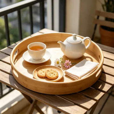 Eco-Friendly Natural Bamboo Coffee Table Tray Engraved Cutout Handles Fruit Snack Tea Serving Ottoman Living Room Home Decor