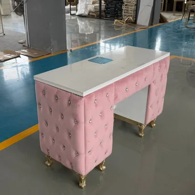 Premium White Surface Soft Tufted Upholstery Art Studio Workstation Velvet Nail Table Salon Manicure Desk