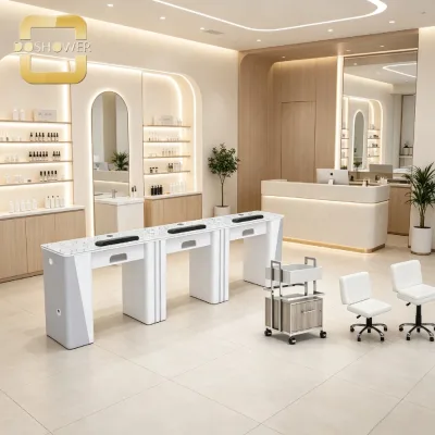 Modern Multi Seat Manicure Station with Contrast Leg Panels and Smooth Anti Scratch Tabletop for Nail Training Institute