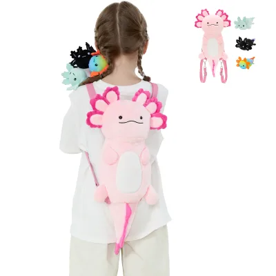 Hot Selling 4-in-1 Pink Axolotl Plush Backpack Bag Toy with Zipper for Student School Bag Daily Use Outdoor Camping Travel