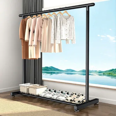 Extra Thick Easy Hanging and Moving Single Pole Clothes Drying Rack Floor Metal Clothes Rack for Bedroom Home Balcony Use