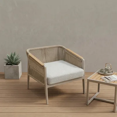 Wholesale Modern Outdoor Chair Aluminum Frame Rope Waterproof Patio Seating with Wooden Armrest for Hotel Villa Garden Balcony
