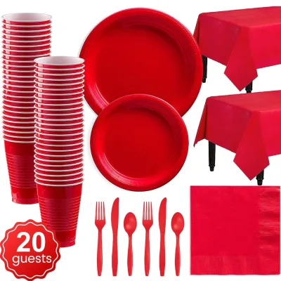 20 Guests Red Disposable Cups Plastic Plates Sets with Disposable Dinnerware Tablecloth Paper Towel for Birthday Party