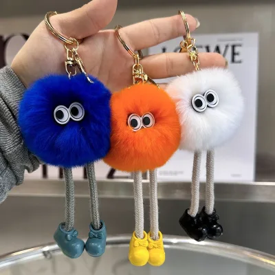 Plush Long Leg Small Coal Ball Keychain Cute Black Grey Pink Rabbit Fur Pendant Creative Bag Car Metal Keyring Girl Lover Gift