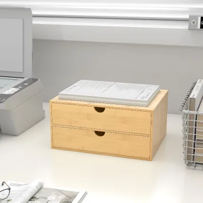 2 Drawer Natural Bamboo Desktop Storage Cabinet Large Flat Top Recessed Circular Handles Desk Organizer for Documents Stationery