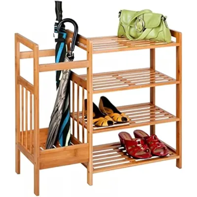 4-Tier Natural Bamboo Shoe Rack with Umbrella Holder  Multifunctional Living Room Standing Type Organiser