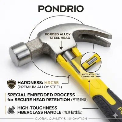 Professional Drop Forged Claw Fiberglass Handle Hammer OEM Ergonomic Nail Puller for Building DIY Framing 37cm 12-Month Warranty