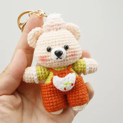 Handmade Crochet Bear Keychain Blush Teddy Bear Cherry Overalls Knitted Animals Keyring Women Bag Car Keys Charm Pendant 3d Gift