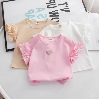 Girls Summer Short Sleeve Crew Neck Cotton T-Shirt Baby Fashionable Children's Personalized Trendy Sweet Lace Trumpet Sleeves