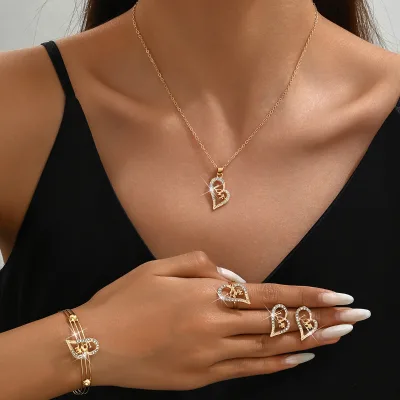 Exquisite Necklace Set Series Exquisite Gold Diamond Heart Shaped Necklace Earrings Bracelet Ring