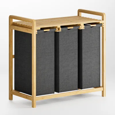 3*50L Three- Section Bamboo Laundry Basket Cloth Organizer Storage Box Laundry Basket