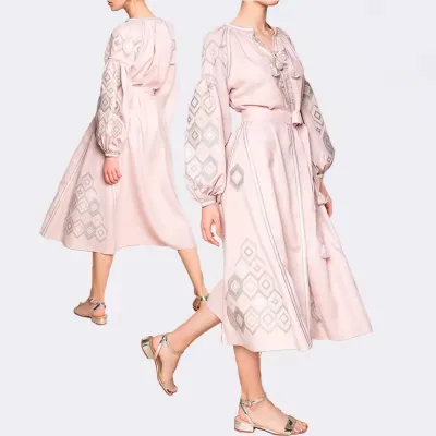 OEM Manufacturer Custom Tassels Spring Embroidery Print Pink Wrap 100% Cotto Long Sleeve Midi Casual Boho Bohemian Dress Women