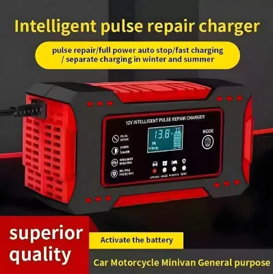 Portable 12V 6A Motorcycle & Car Battery Charger with Cigarette Lighter Intelligent Pulse Repair & Fast Charging