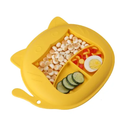 Children's Tableware Set Baby Silicone Suction Plate Training Spoon with Split Cartoon Design for Learning Eating Food Bowl