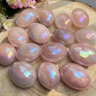 Wholesale Engraved Angel Aura Rose Quartz Palm Stone Natural Crystal Palm Gemstone Tumbled