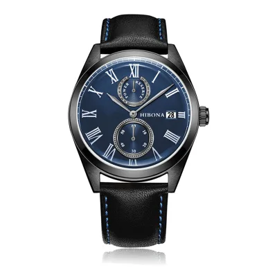 Custom Logo Black Stainless Steel Chronograph Wrist Watch New Trend Miyota Quartz Movement Sweeping Second Two Eyes 20mm Leather