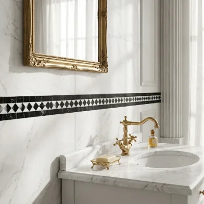 Natural Black White Marble Mosaic Border Listello Tile Polished Geometric Pattern for Floor Wall Backsplash Kitchen Bar Hotel