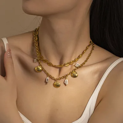 Bohemian Stainless Steel Necklace 18K Gold Plated Charm Handmade Summer Beach Element Accessory Natural Shell