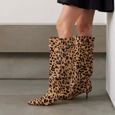 Leather Outsole Women's Low-heeled Boots, Small-heeled Fashion Boots, Horse-haired High Boots, Leopard Print Boots