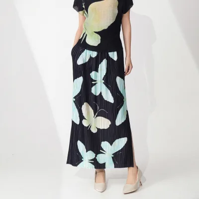 Women's Casual Split Pleated Skirt Natural Waist Long Straight Breathable Eco-Friendly Animal Print Worsted Fabric Factory