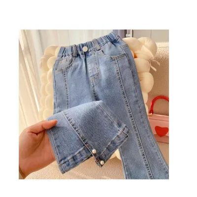 2023 Autumn Girls Jeans Kids Solid Color Flare Pants Trousers Girls Pearl Denim Pants